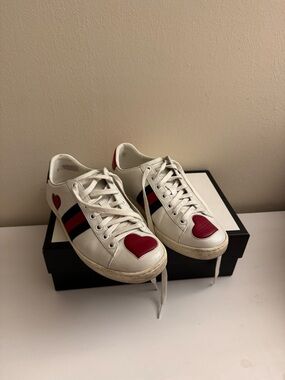 White Leather Heart Accent Sneakers with Red & Navy Stripes